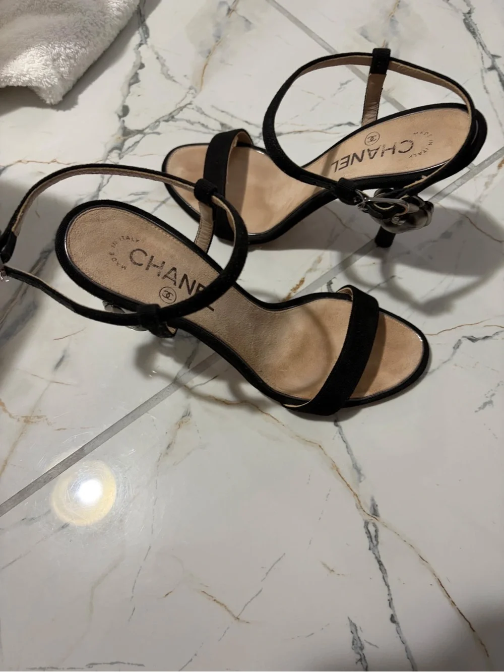 CHANEL Black Suede Strappy Low Heel Sandals